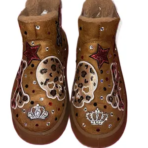 KandyBaby Custom UGGs with Rhinestones & Patches - Personalize Your Slippers with Leopard Skull Design and Crown Accents