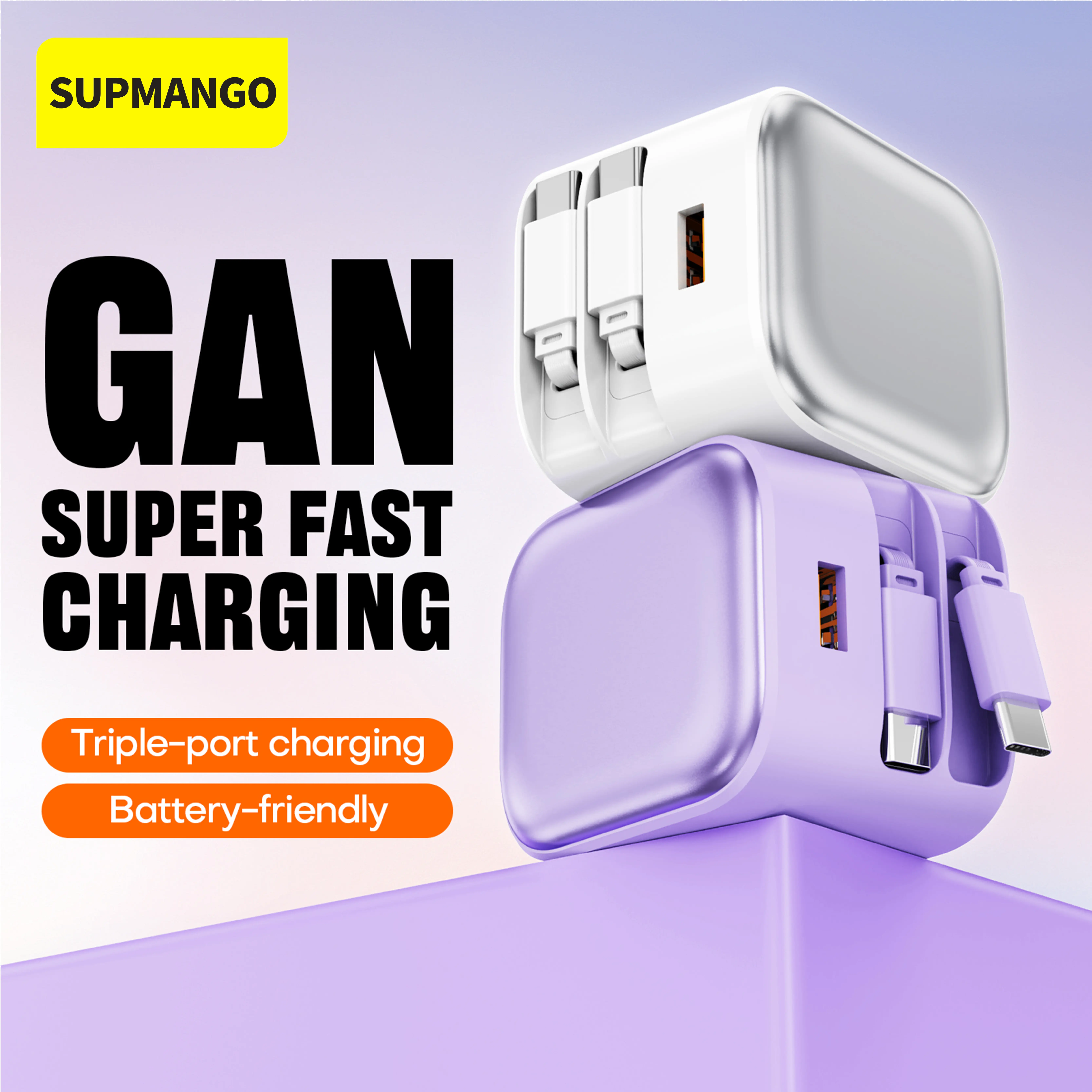 SUPMANGO 35W Advanced GaN Universal Wall Charger - USB Charger with 2 Retractable 27.5in Type-C Cables, Portable Phone Accessories for Smartphone, Mobile Charging Devices