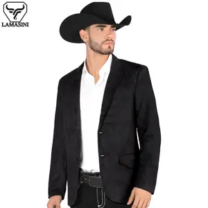 LAMASINI Mens Western BROWN Double Button Blazer LAM510 Faux Suede Medium Length All Season Plaid Pattern Inseide Satin Lining - Jackets, Menswear