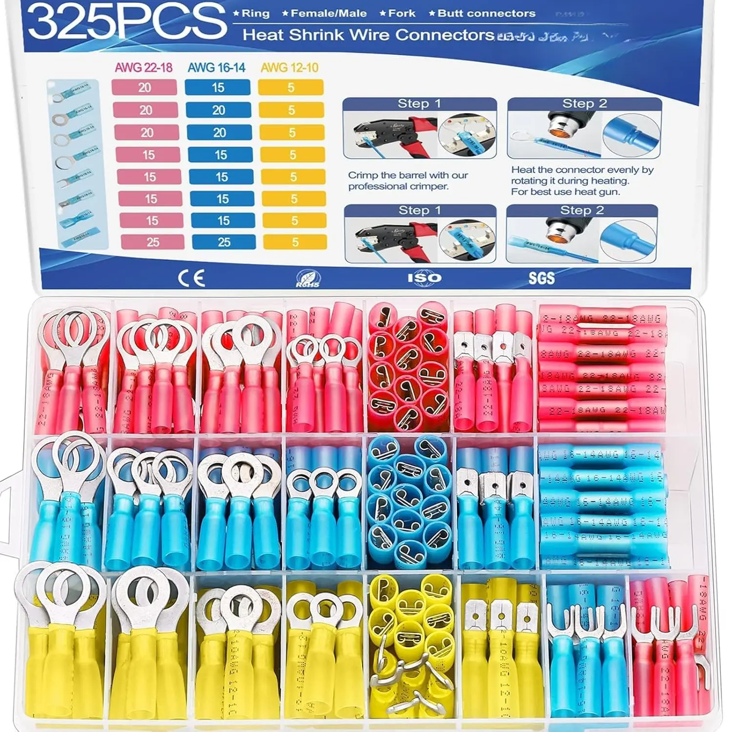 325PCS Marine Grade Tinned Red Copper Heat Shrink Wire Connectors Kit, AWG 22-10 Waterproof Insulated Crimp Terminals, Ring Fork Spade Butt Splices for Electrical Wiring