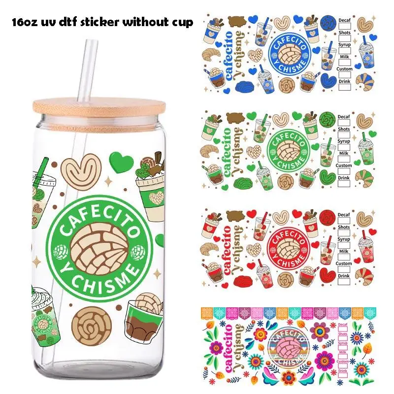 Cartoon Food & Flower Pattern Sticker, 4 Counts/Set Coffee Cup UV DTF High Self-adhesive Wrap, Waterproof Decorative Sticker for Coffee Cup, Glass Jar