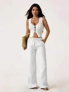 Y2K High-Waisted Drawstring Wide-Leg Women Pants, Loose Straight Fit Casual Trousers, Vintage American Style, All-Season Wear