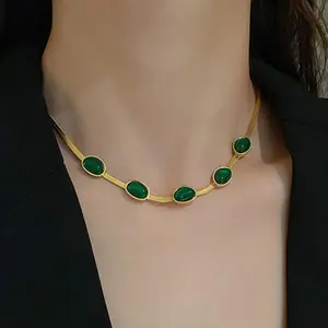 Trendy New Titanium Steel Retro Special-shaped Emerald Necklace Earrings Bracelet Set Simple Niche Collarbone Chain Jewelry Women