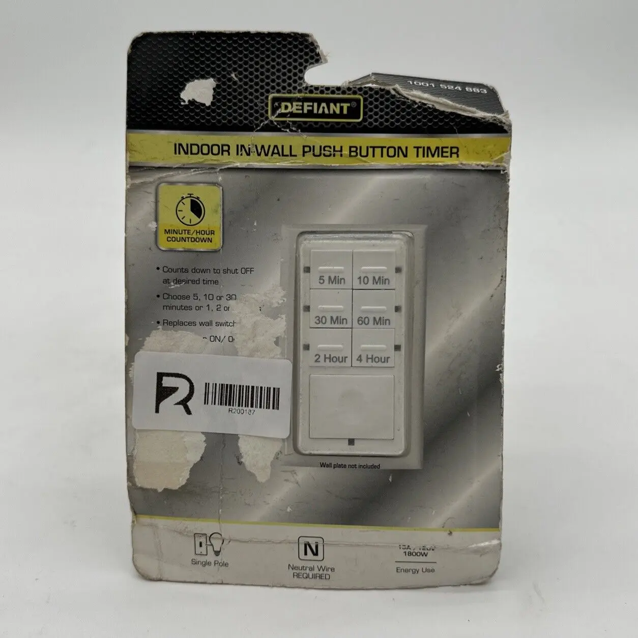 Defiant Single Pole Indoor In Wall Push Button Timer 15 Amps 120 Volts - 524 883