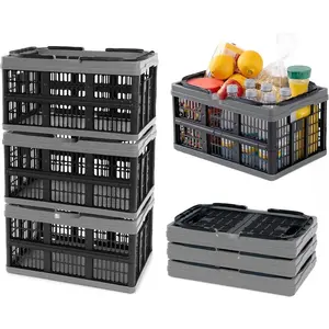Collapsible Shopping Basket, Charcoal, 3PK - 16L (4 Gal) Reusable Plastic Grocery Shopping Baskets, Holds 22lbs Per Basket - Small Foldable Storage Crates with Handles Organiser Tool