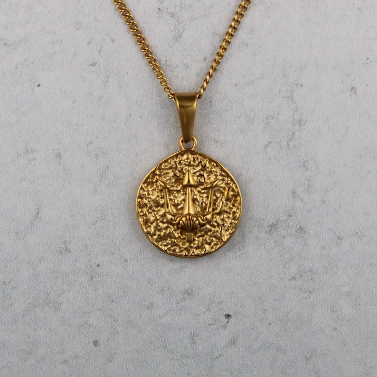 Gold Trident Coin Pendant Chain Necklace