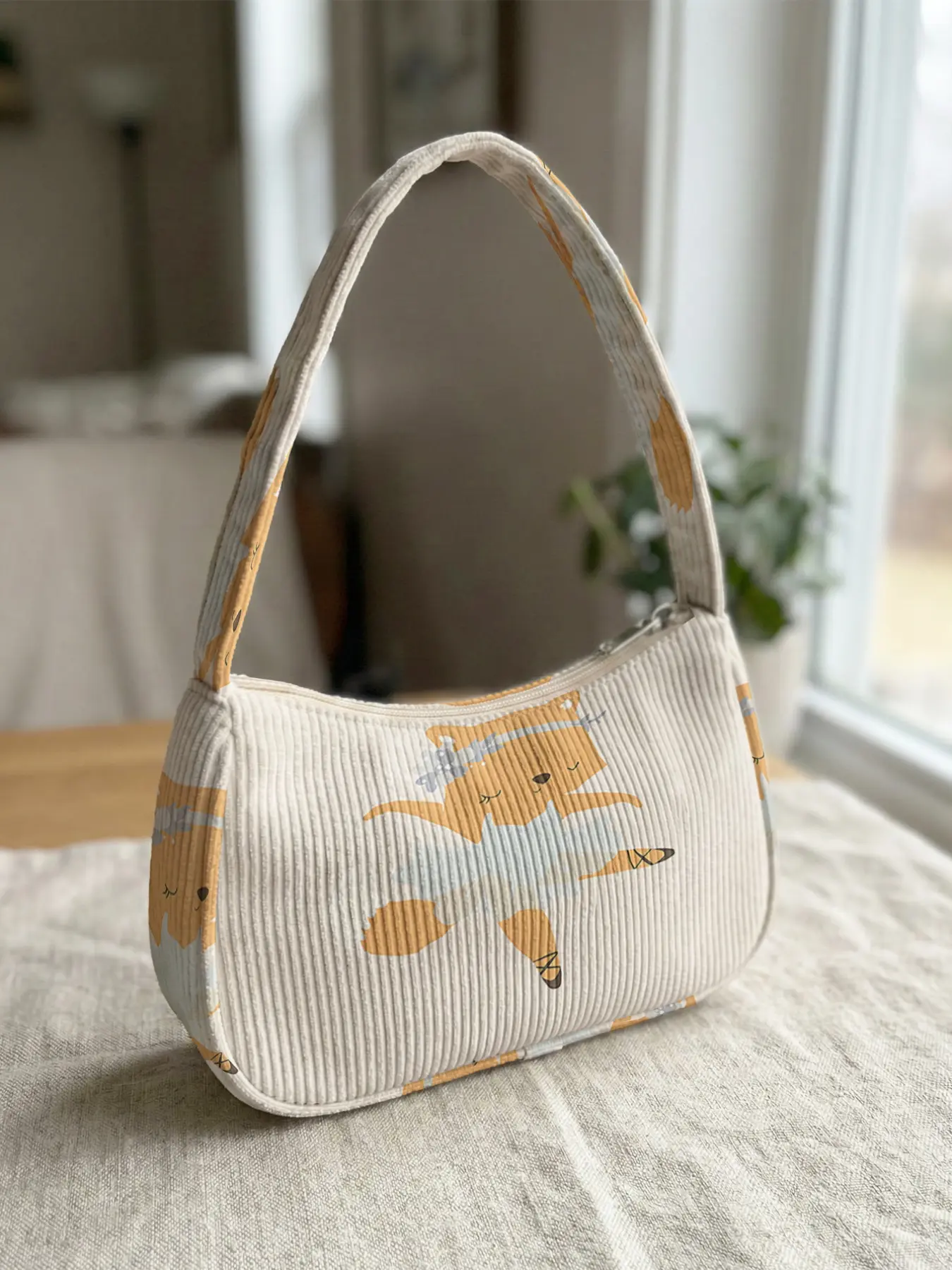 1 piece of dancing fox pattern 2D printed corduroy shoulder bag, retro style|Daily commute/walks with friends/date outings versatile match|Beauty and practicality both online taste carried on the body