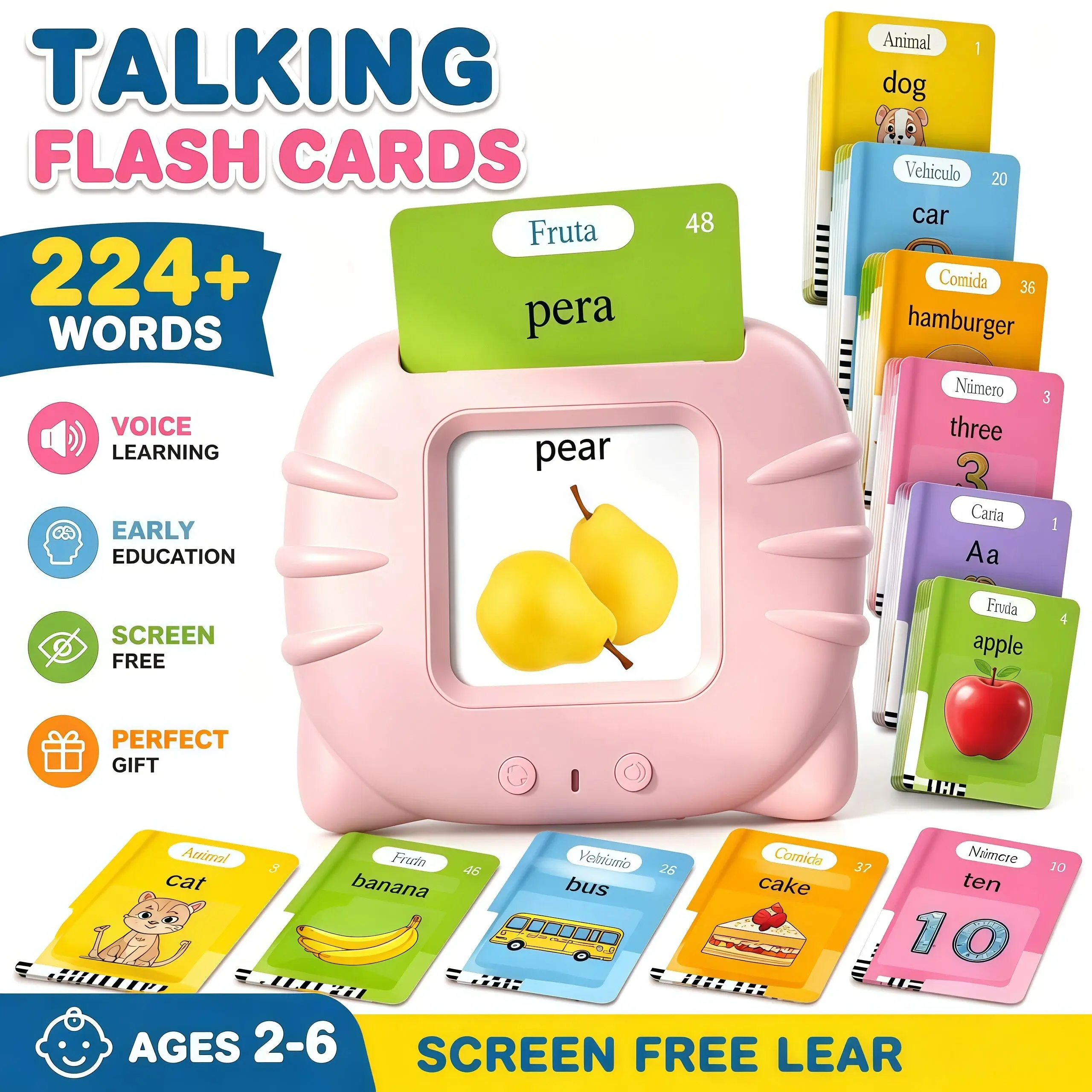 KidGenius Talking Sight Word Flash Cards - Toddler and Flashcards, Screen-Free Montessori Interactive Language Toy with 224+ Sight Words, Talking Audio, Vocabulary Building, Unisex Ages 2+, Preschool Reading Practice, Car Travel Gift