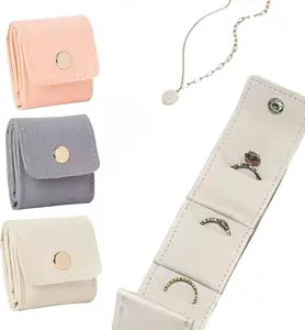 3 PCS Mini Travel Jewelry Pouch, 4 Grids Mini Travel Jewelry Bag Foldable PU with Metal Buckle Portable Jewelrys Roll for Storing Rings, Earrings, Brooches -Beige, Pink, Gray