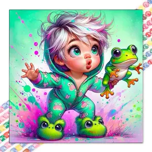 1 DIY handcraft diamond painting kit, 5D diamond art kit, DIY decoration, frog, green, overall clothing, diamond painting kit full round drills, mosaic, diamond art, DIY art home decoration, suitable for Christmas.