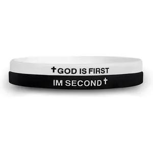 God Is First Bracelet I Am Second, Silicone Elastic Rubber Bracelet Wristbands Inspirational Motivational Bible Verses Jewelry Gifts for Men Women (Set of 2 Bracelets)