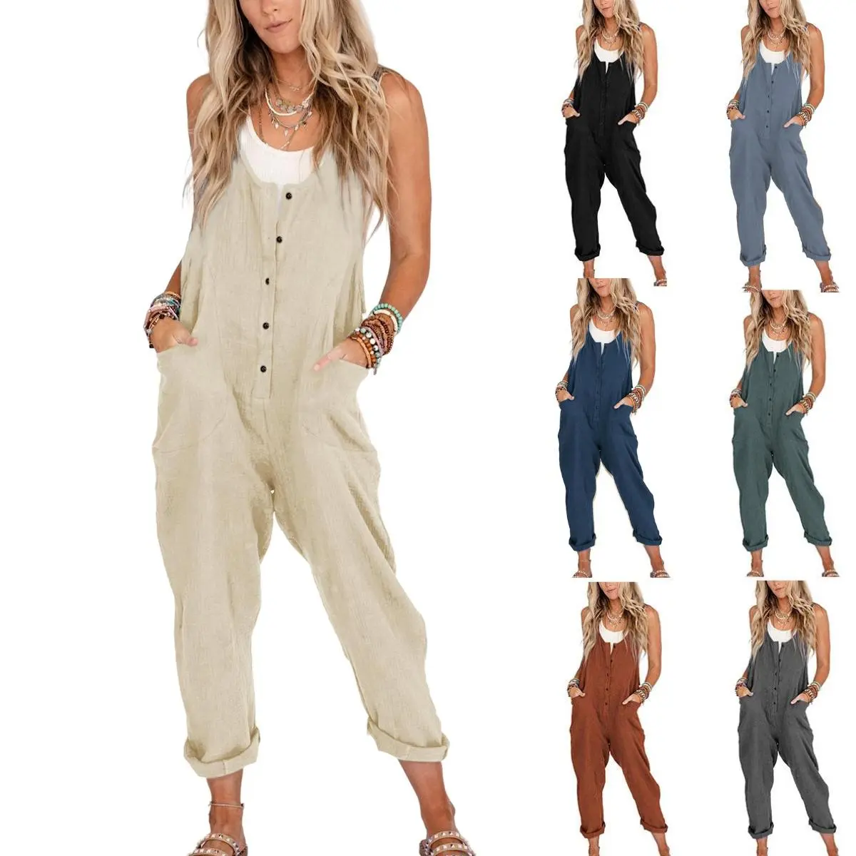 Naeduo Women's Linen Cotton Jumpsuit, Elegant Adjustable Scoop Neck Sleeveless Overall with Pockets, Loose Oversized Minimalist Style - Bluegrey, Maternity-Friendly Womenswear Jumpsuits for Women