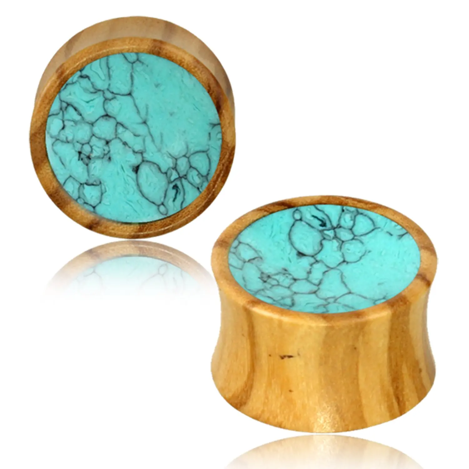 Organic Olive Wood Turquoise Inlay Double Flared Saddle Ear Plugs, Pair