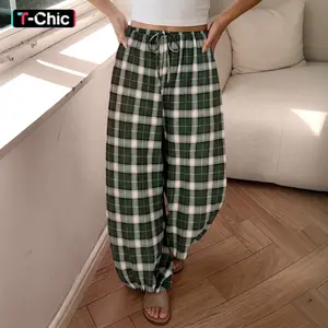 Tankaneo Womens Checkered Pants Baggy Balloon Plaid Harem Pants Casual Drawstring Wide Leg Trousers with Pockets