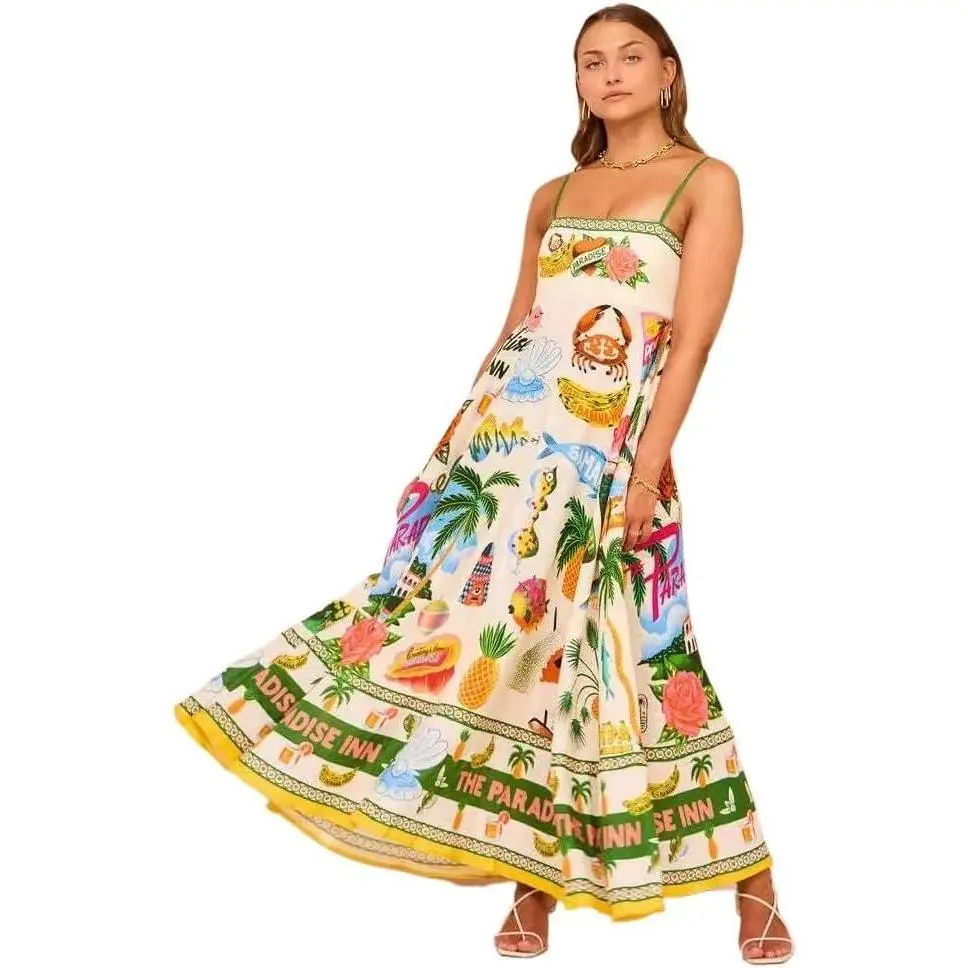 Women's Tropical Lightweight Breathable Graphics Print Spaghetti Strap Empire Waist Flowy Maxi Dress, Casual Wear Summer Style, Colorful