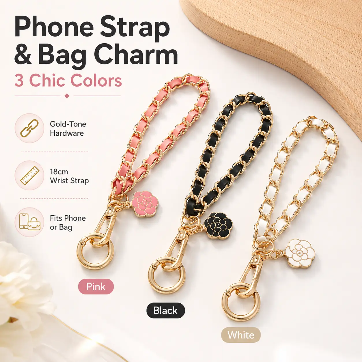 Floral Phone Straps & Charms - 18cm Detachable Wrist Strap with Flower Charm, Metal Chain for Women, Everyday Use, Gifting, Travel, Smartphone Accessories, Bag Keychain Wristlet (Pink, Black, White)