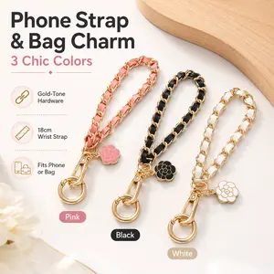 Cute Phone Wrist Strap with Flower Charm, 18cm Detachable Phone Lanyard for Women, Bag Charm Keychain Wristlet Strap for iPhone, Purse, Keys, Pink Black White