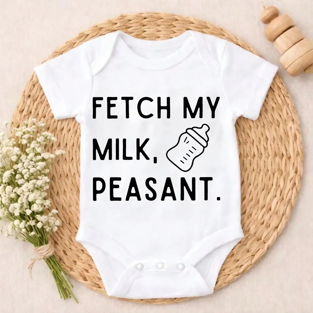 Baby Bodysuit Fetch My Milk Peasant Print 100% Pure Cotton Non-Irritating Snap Closure Breathable Perfect For Gifting & Everyday