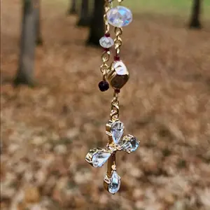 Handmade Purple Glass Beaded Suncatcher with Gold chain. Gold Cross charm included.