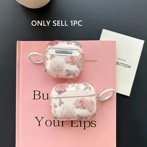 Exquisite Beautiful Pink Peony Rose White Flower Patterns Transparent Protective Earphone Case Cover with White Ring Suitable for AirPods Pro3 Pro2 1 2 3 4 Pro