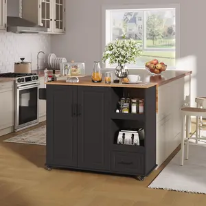 Garvee Versatile Rolling Kitchen Island Cart – 48" Butcher Block Wood Top, Drop Leaf, Drawer, Open Shelf, Spice Rack, Lockable Wheels – Mobile Storage Table for Small Kitchens – White Finish – Maximize Space & Cook in Style!