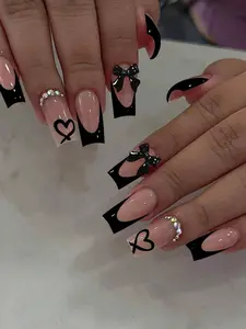 24pcs Press On False Nails Coffin Shape Heart Bow French Design Reusable Easy Apply Perfect Fit for Party Daily