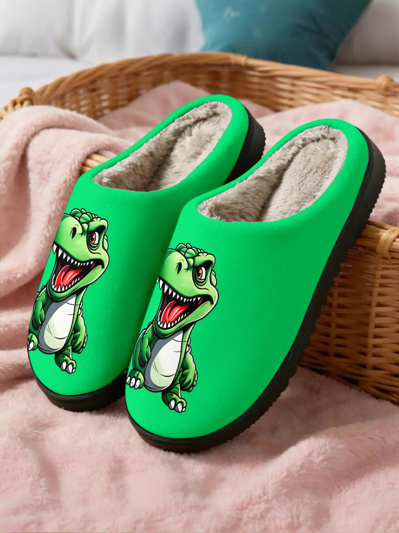 Bright Cute Dinosaur Cotton Slippers, Cartoon Tyrannosaurus Rex, Soft Plush Lining, Casual Home Wear, Fall & Winter