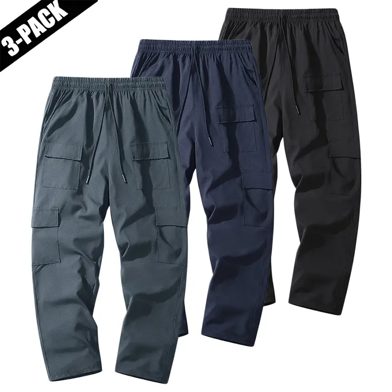 Men’s three-pack cargo pants with multiple pockets, solid-color work long pants, durable outdoor training trousers, available in various colors—ideal for outdoor activities, work, hiking, and camping.