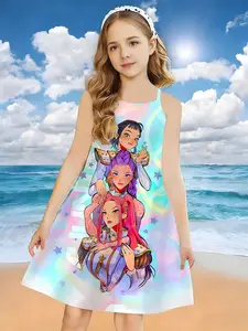 Girls K-Pop Tank Top Dress, 3D Cartoon K-Pop Sky Blue Print, Summer Casual Loose Dress, Breathable Fashion, Daily Wear Cross Strap Dress