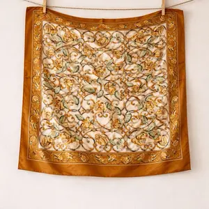 Vintage Floral Square Scarf 27x27 Inches 100% Polyester Soft Lightweight Gold & Cream Design