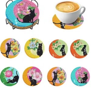 8-piece/set diamond art painting coaster with stand, DIY cat pattern diamond art coaster, diamond painting kit suitable for adults and beginners, diamond kit craft supplies, exquisite gift for friends