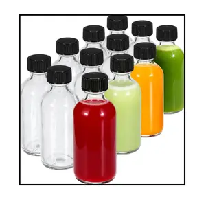 12-Pack 2 oz (60ml) Small Glass Boston Round Bottles with Lids - Leak-Proof Mini Travel Containers for Ginger Shots, Juice, Whiskey, Samples | W/Labels, Funnels & Brushes