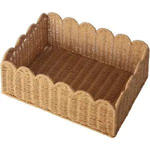 Scalloped Basket, Wicker Storage Baskets, Hand Woven Baskets for Shelves, Baskets for Organizing (M-14" L x 10.5" W x 6" H)