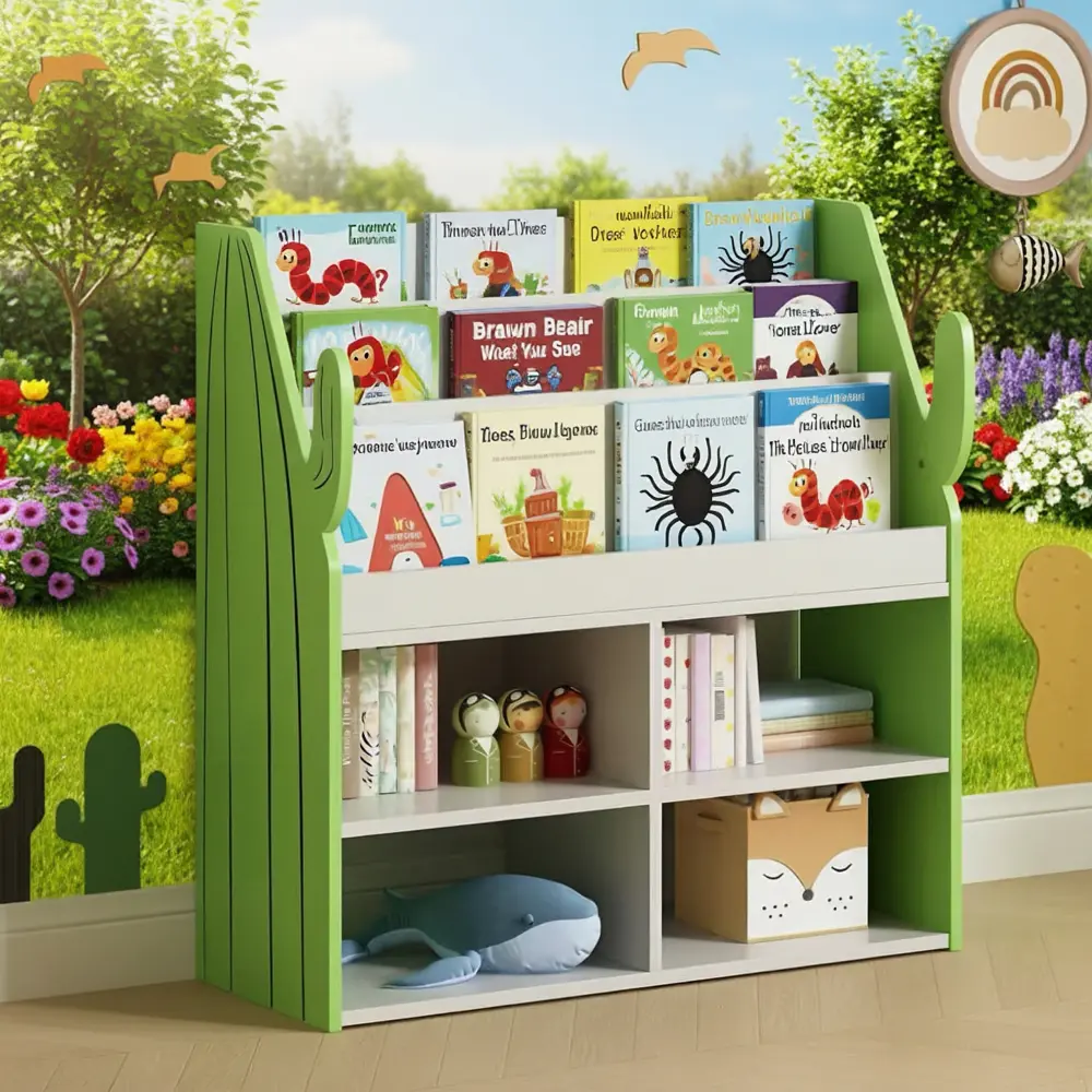 NOVAMAISON Cactus Kids Bookshelf & Toy Storage Organizer, 3-Tier Wooden Montessori Bookcase with Open Storage Cubbies, Toddler Picture Book Display Shelf for Nursery, Playroom and Classroom