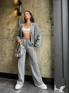 Women's 2-Piece Zipper Baseball Jacket & Drawstring Waist Pants Set, Spring/autumn Sportswear, Sporty Style Outfits, Long Regular Fit, Casual Style, Sports Clothing Set