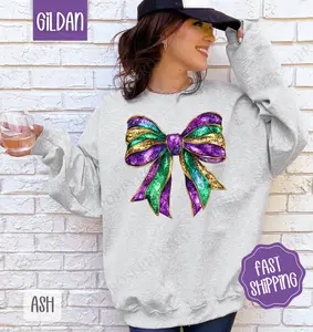 Mardi Gras Bow Sweatshirt, Coquette Fat Tuesday Crewneck, Louisiana Women's Sweater