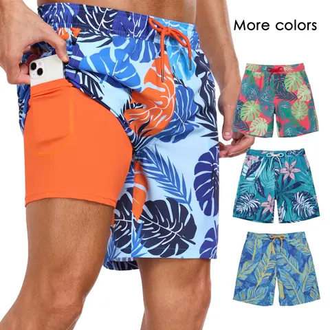 Men's 2-In-1 Swim Trunks, Swim Trunks with Compression Liner, 7 Inch Swimming Shorts Beach Pants, Quick Dry Gym Shorts with Compression Lining, Gym Vacation Pool Wear, Pockets Swimming Shorts