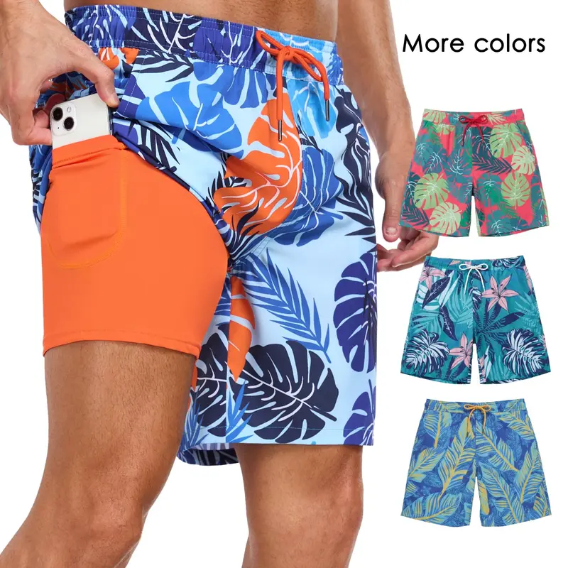 Men's 2-In-1 Swim Trunks, Swim Trunks with Compression Liner, 7 Inch Swimming Shorts Beach Pants, Quick Dry Gym Shorts with Compression Lining, Gym Vacation Pool Wear, Pockets Swimming Shorts