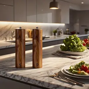 2/3pcs(2Grinder +base) Wooden Salt Pepper Grinder Set 8-Inch, Refillable Salt Pepper Mills Adjustable Coarseness, Acacia Wood Ceramic Core Manual Pepper Grinder, Kitchen Decor Dining ware Ideal Gift for Chefs, Perfect for Family BBQ Picnic Camping