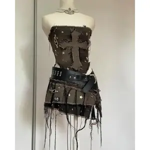 Y2KDenimStitchingandWashingToMakeOldTwo-pieceWoharajukuGothLong-sleevedZipperCoatMiniPleatedSkirtAutumnCoat