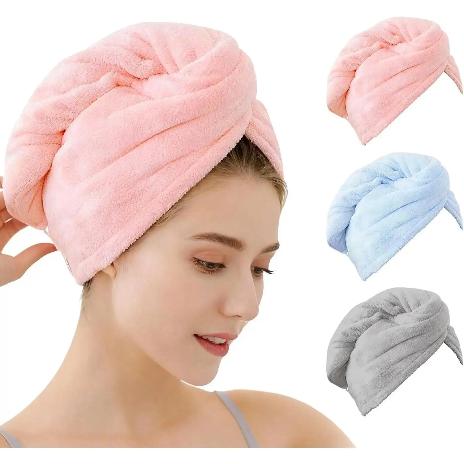 Unisex Microfiber PU Hair Towels (3-Pack) - Compact, Water Absorbent, Frizz-Reducing Wrap with Button Loop, Lightweight Sports Headband Accessory for Travel, Gym, Great Gifts, Minimizes Heat Styling Damage
