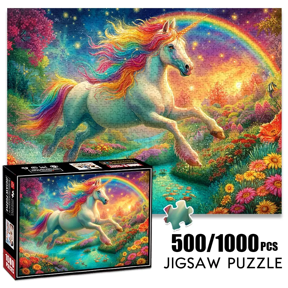 1pc 1000 piece adult puzzle 70x50cm Magic Unicorn with Rainbow Mane in Enchanted Landscape 500 pieces paper jigsaw puzzle suitable for DIY creative games for adults and families, birthday and holiday