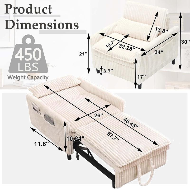 3 in 1 Convertible Sleeper Chair, Pull Out Sofa Bed with Adjustable Backrest & Storage Pockets, Recliner Chair Bed, Modern Corduroy Chaise Lounge for Bedroom Living Room Small Space (Beige)