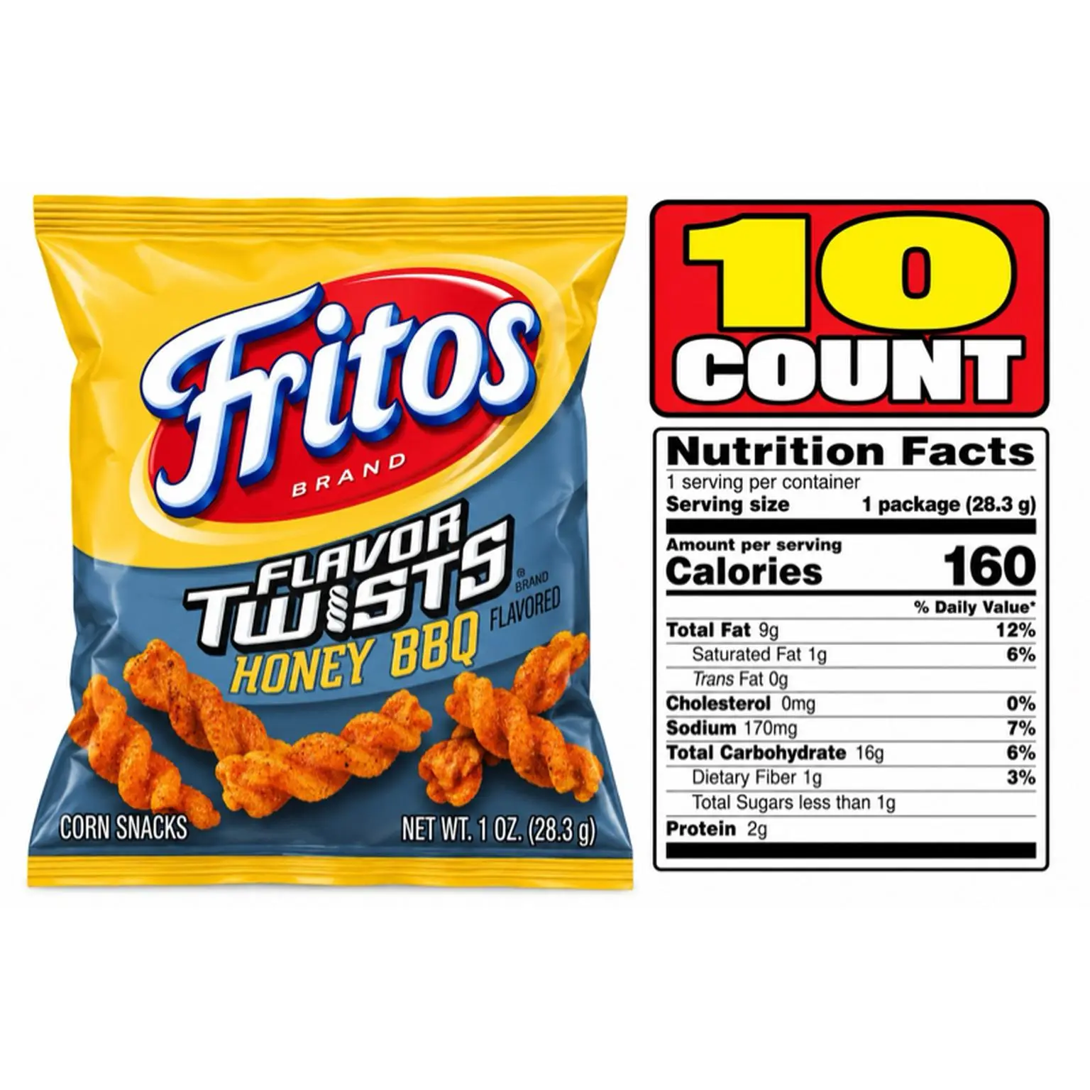 Fritos Flavor Twists Honey BBQ Corn Snacks 1oz 10 Pack - 160 Calories per Serving - 28.3g per Package