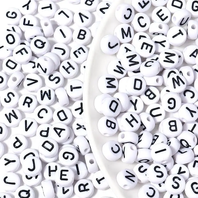500 count Black on White Alphabet Beads Round  Letter Beads 10mm White Letter Bead Alphabet A-Z Bead forJewelry Making DIY Friendship Bracelet Necklace Earrings