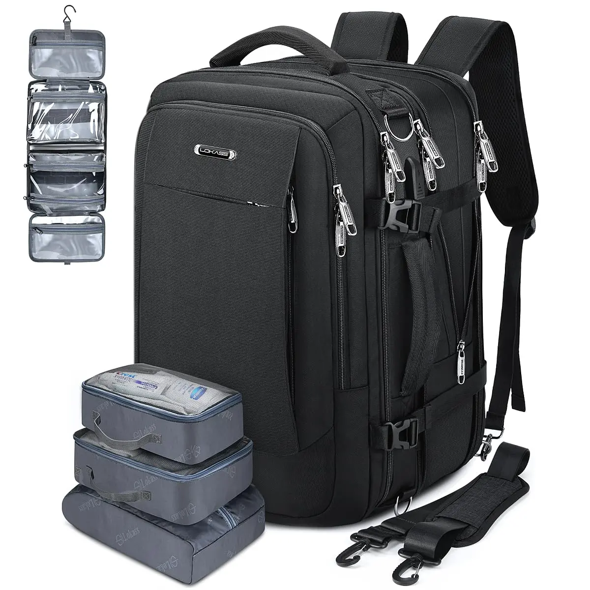 LOKASS 55L Convertible Travel Backpack - Laptop Organizer Carrier, Adjustable Expandable Flight-Approved Luggage, Handbag/Shoulder Bag 2-in-1, with Removable Toiletries Display Bag for Business Trips