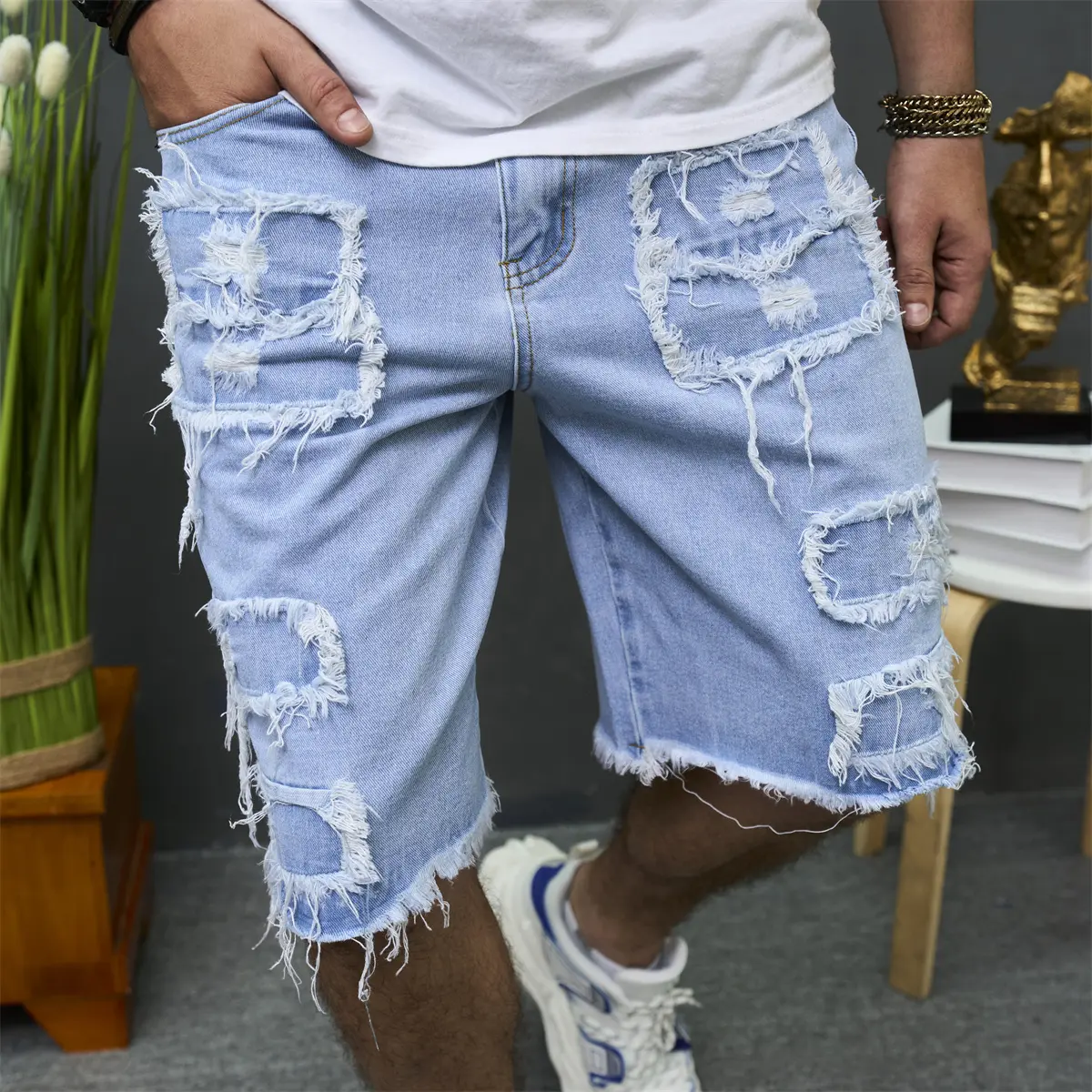 shorts summer  Men Holes Patch Loose Beach Denim Shorts Male Distressed  Straight Denim  Pants Classic Jeans Casual  jorts outfit men camo shorts Summersale