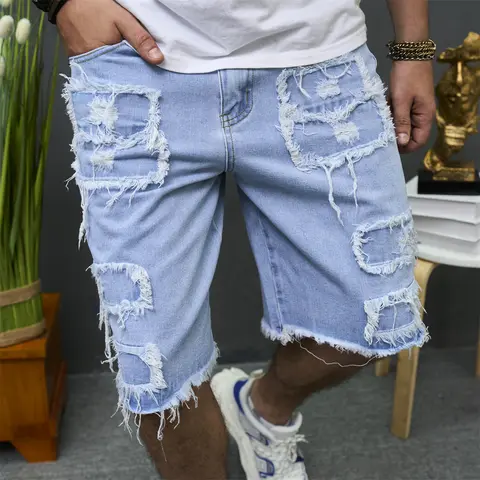 shorts Men Holes Patch Loose Beach Denim Shorts Male Distressed  Straight Denim  Pants Classic Jeans Casual  jorts outfit men camo shorts
