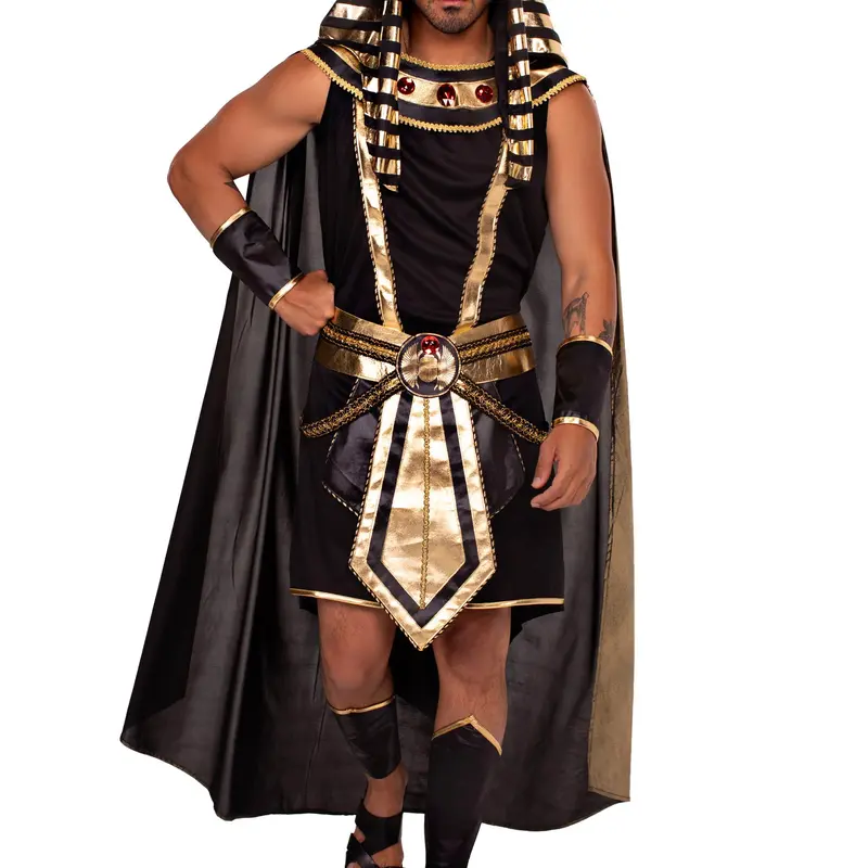 Leg Avenue Men's Ancient-Inspired Pharaoh Full 6pc Costume Set - Menswear Cosplay Outfit with Gold Tank Top, Matching Shorts, Cape for Halloween, Do Not Bleach