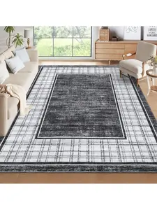 【Christmas Gift】Gray-9*12 feet  Modern Bordered Washable Area Rug Non Slip Non Shedding Low Pile Ultra Thin&Soft Stain Resistant Contemporary Plaid Soft Accent Carpet For Bedroom Dining Room Table Home Living Room Bedroom Kitchen Bathroom  Hallway E